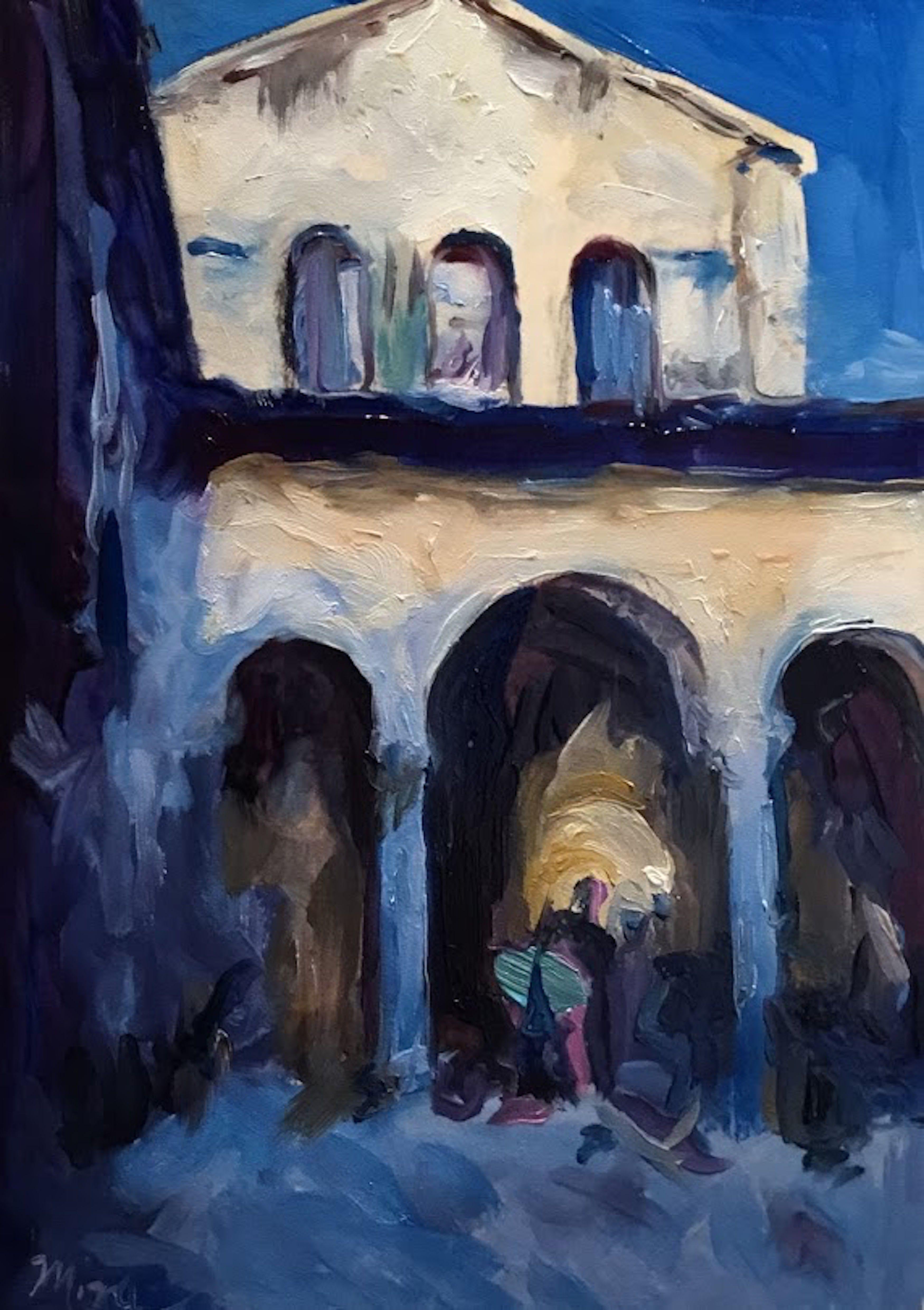 Peinture, huile sur panneau de bois, bleu cathédrale - Painting de Mira  Vitarello