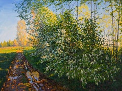 Bird cherry tree by the road, Painting, Oil on Canvas