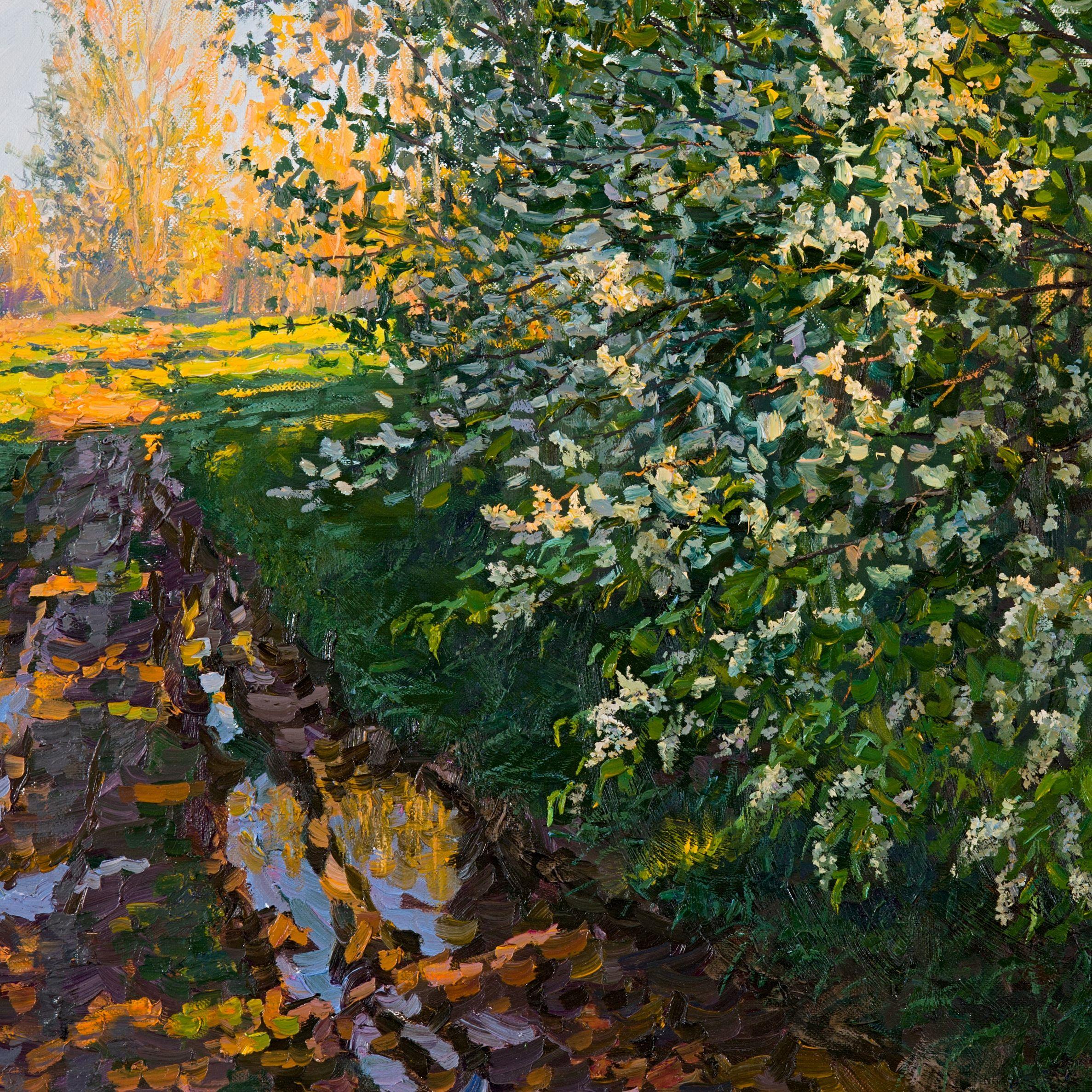 Title: Bird cherry tree by the road;  Object type: painting;  Artist: Elena Barkhatkova;  Date made: 2018;  Medium and support: oil on canvas;  Dimensions: h 75 cm Ã— w 100 cm Ã— d 3 cm;  Copyright: Elena Barkhatkova :: Painting :: Impressionist ::