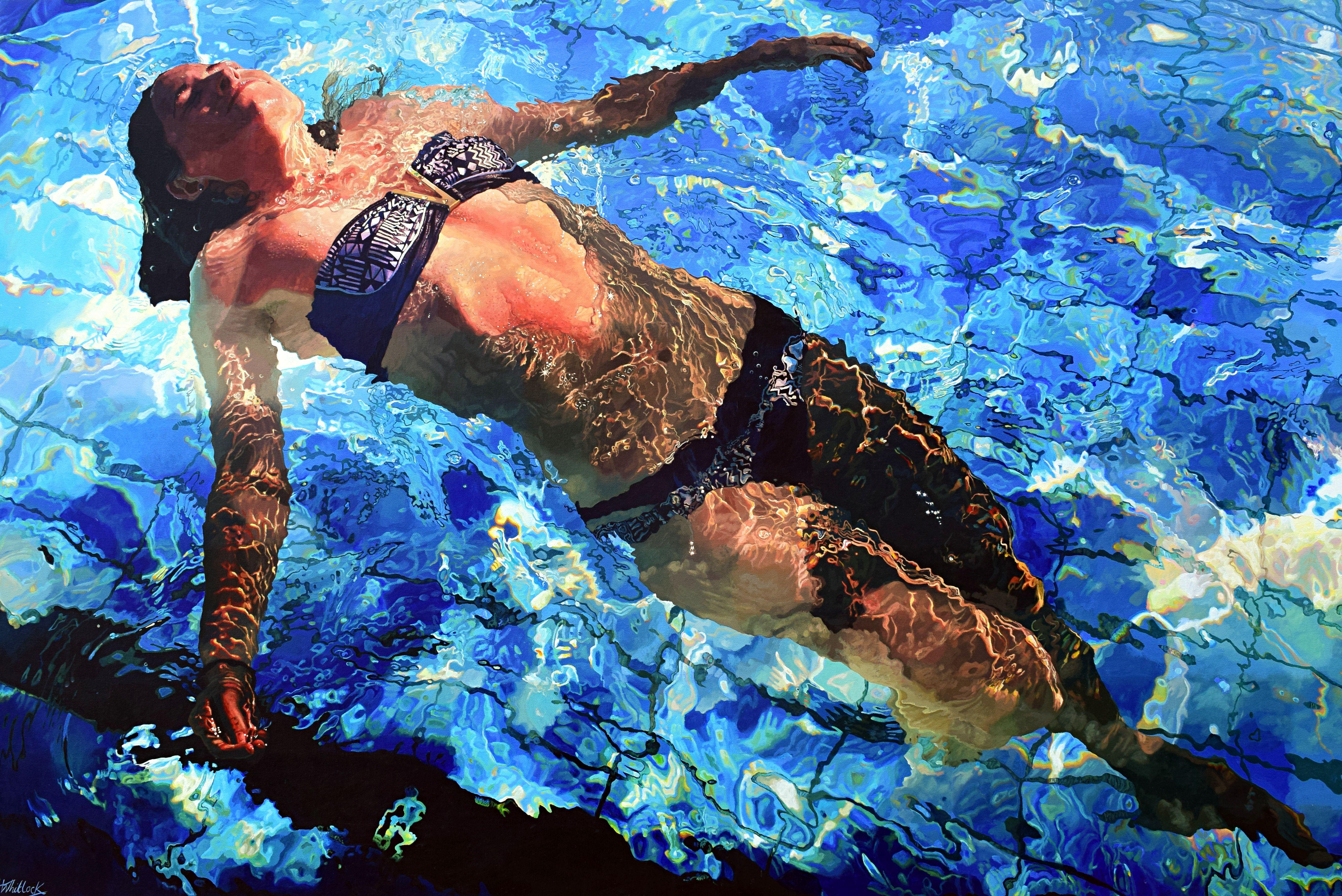 A focus on escapism and submission to nature. Whilst submerged the swimmer is set free from decision making; following the currents and patterns created by the water.    The work is painted on a deep edged gallery wrapped canvas. The painting
