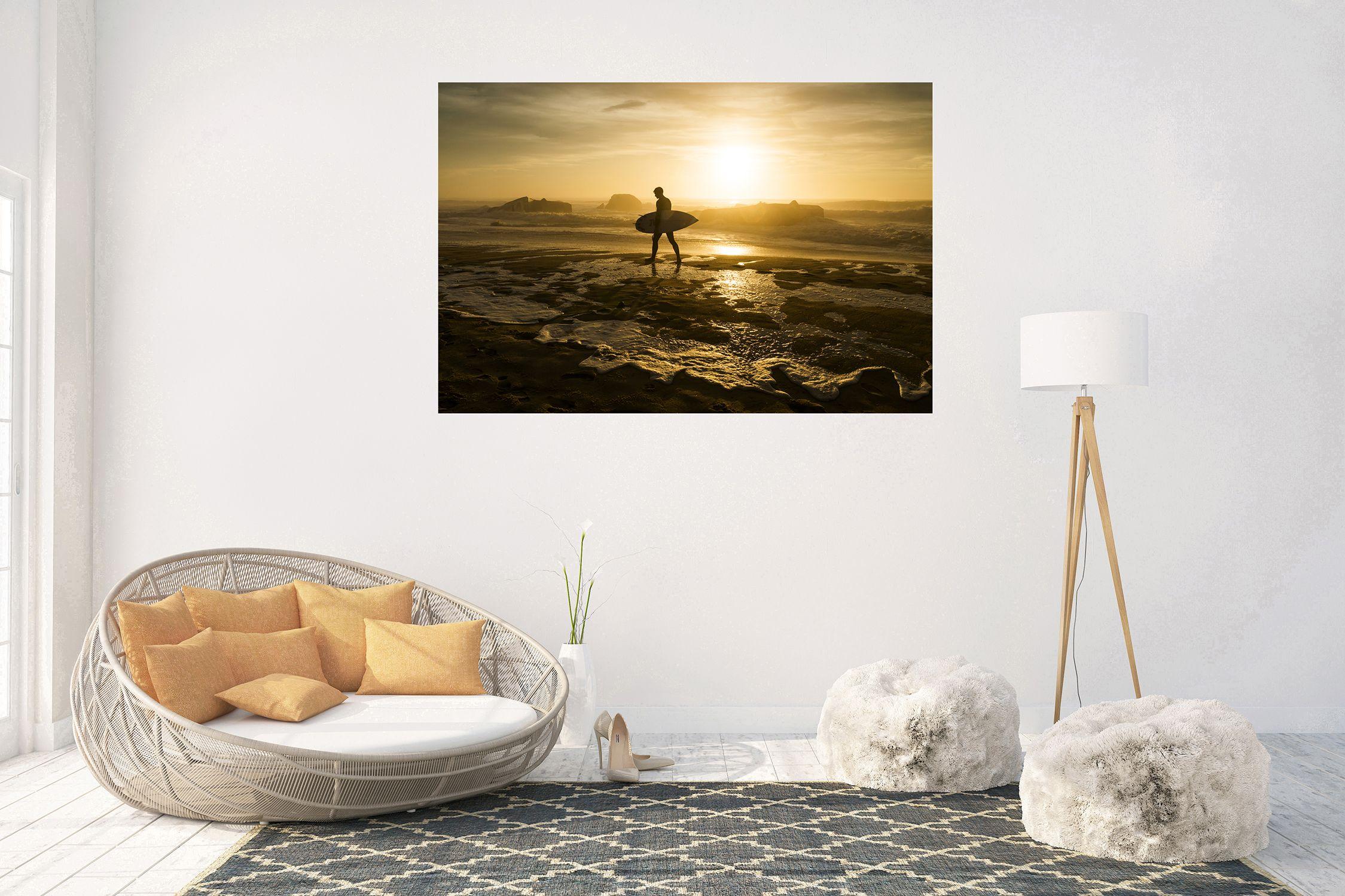 A beautiful colour print of a surfer walking in silhouette during sunset along 'La Piste' beach in Hossegor, France.    Limited Edition of 20.    'C-TYPE ' prints offer the most outstanding professional, silver based, archival print and the ultimate