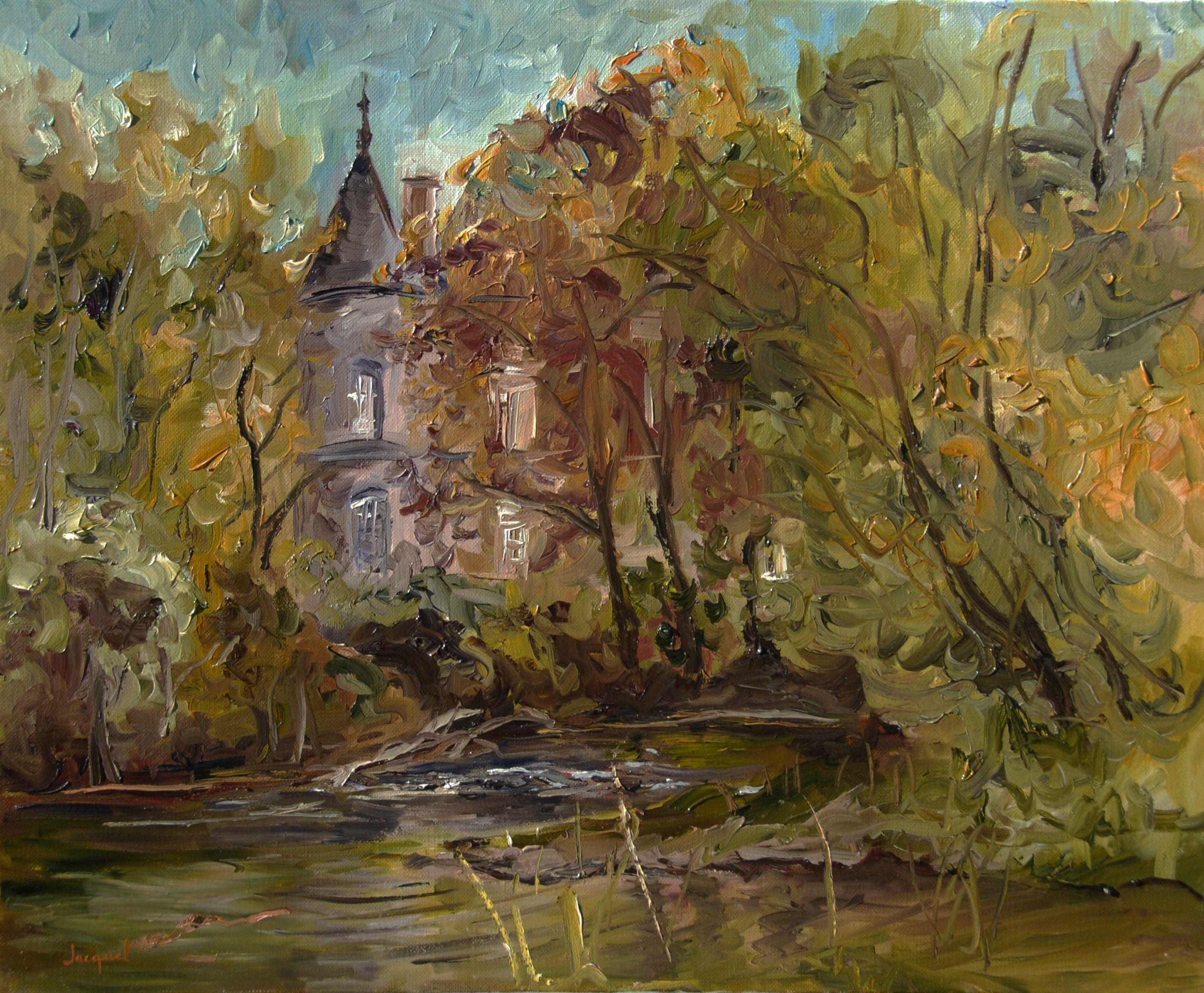Peinture à l'huile d'un château à l'automne, France, Peinture, huile sur toile - Painting de Christine Jacquel