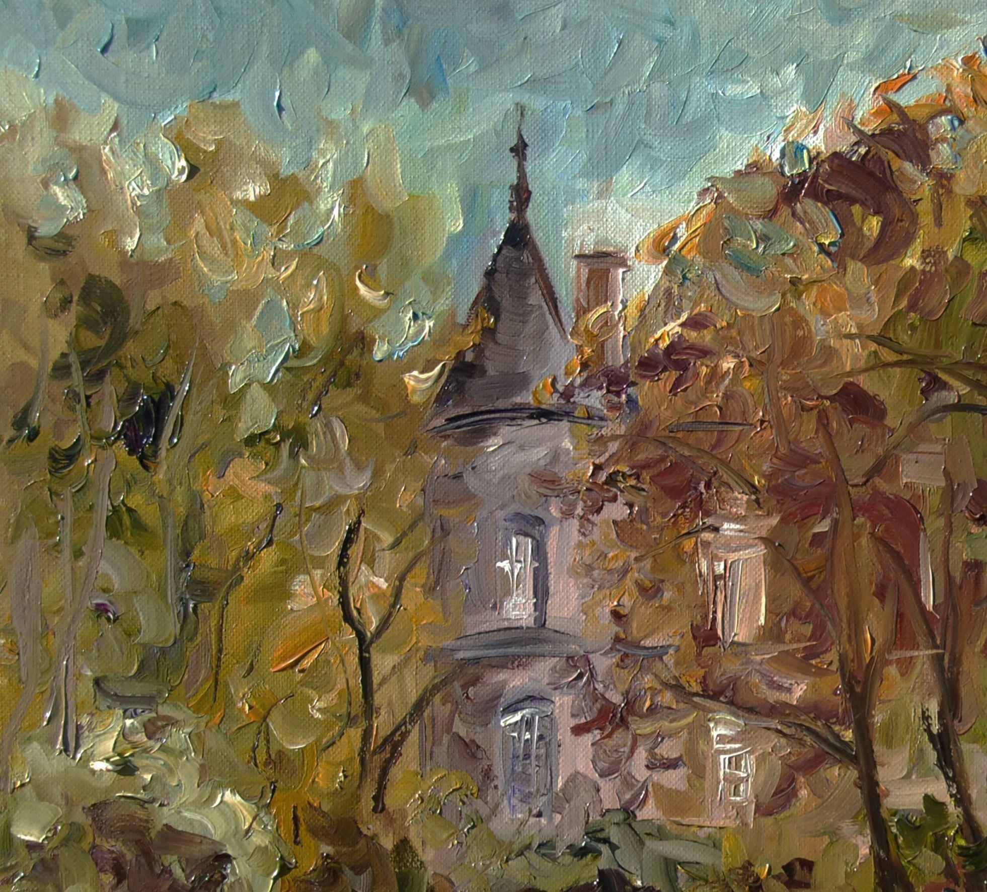 Peinture à l'huile d'un château à l'automne, France, Peinture, huile sur toile - Impressionnisme Painting par Christine Jacquel