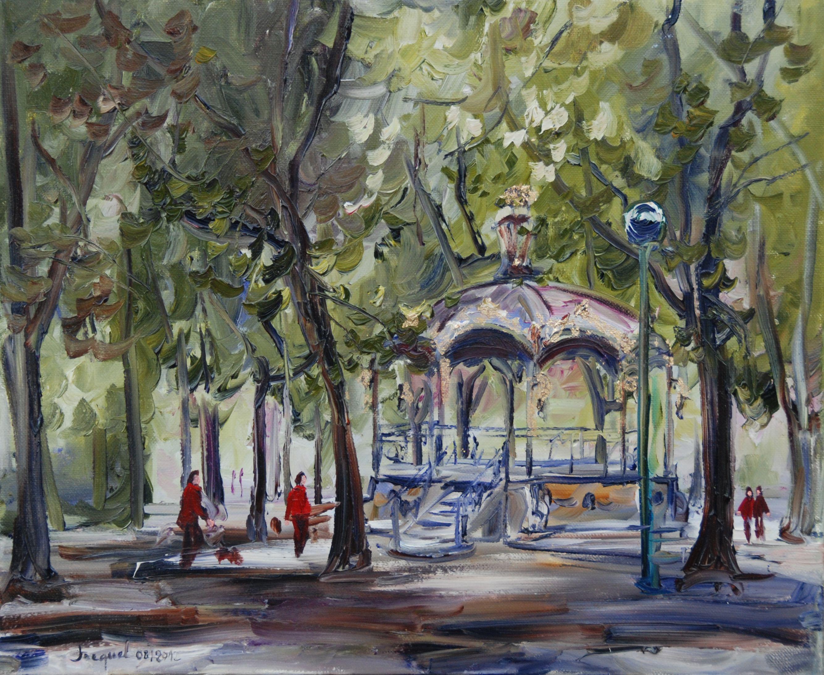 Peinture à l'huile d'une table de groupe dans un parc public, peinture à l'huile sur toile - Painting de Christine Jacquel