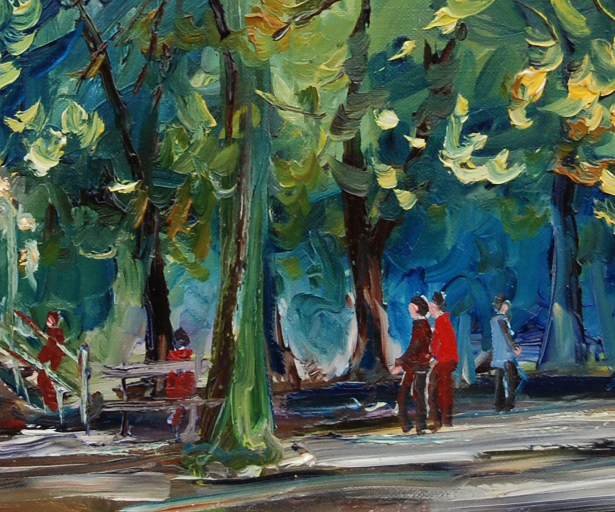 Original oil painting painted on the outdoor pattern. Painting of a public garden in France in summer at the end of the afternoon. It was necessary to paint with energy and speed to succeed to seize the changing light of the sun of end of afternoon.