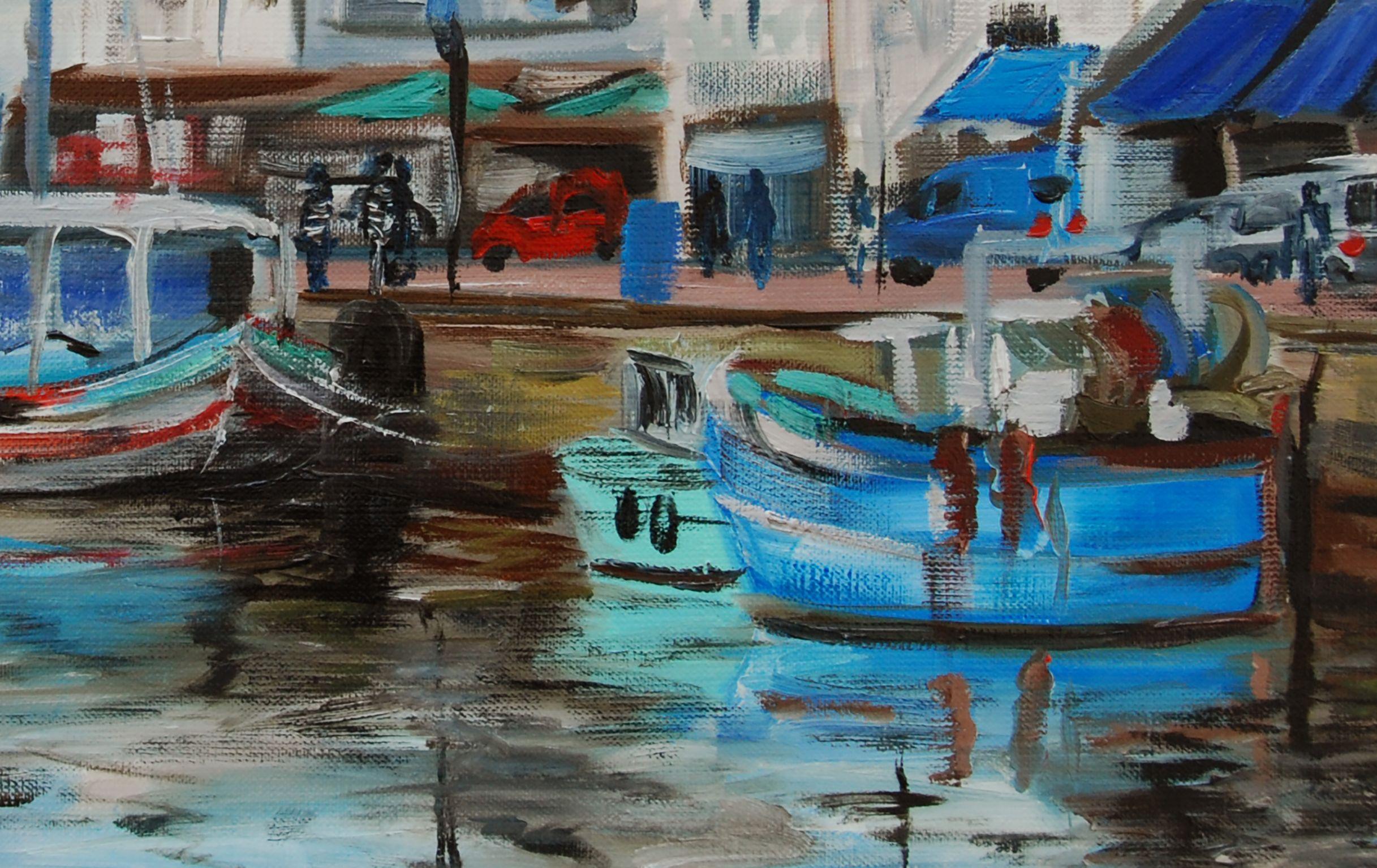 Ölgemälde aus einem Fischerhafen in Frankreich. Porzellan, Gemälde, Öl auf Leinwand (Zeitgenössisch), Painting, von Christine Jacquel
