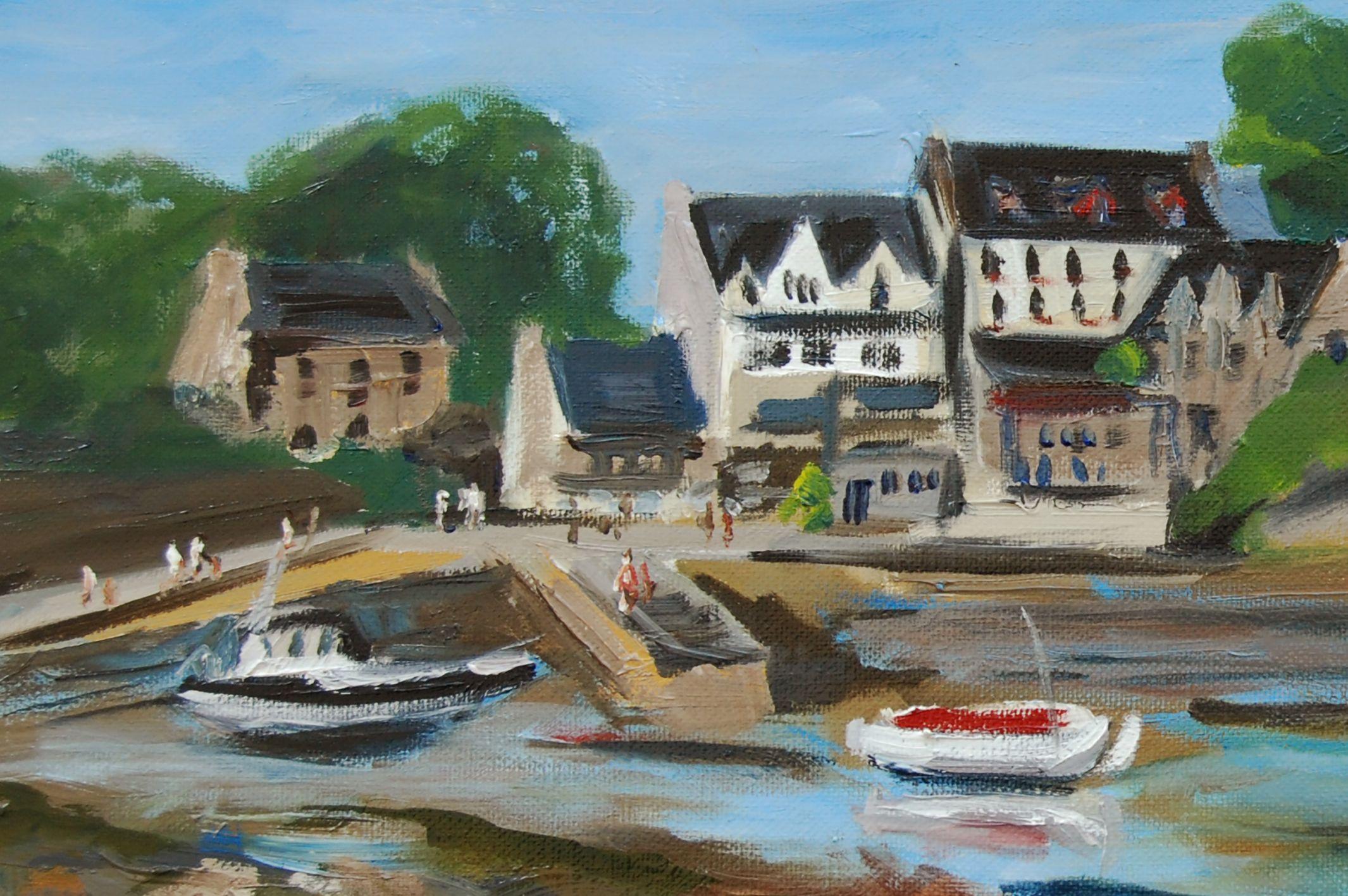 Original oil painting of a Breton port at low tide in France. You can see some fishing boats at the port and Breton houses in the background. Painting of a sea landscape :: Painting :: Impressionist :: This piece comes with an official certificate