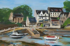 Oil painting of a small Breton harbor at low tide, Painting, Oil on Canvas