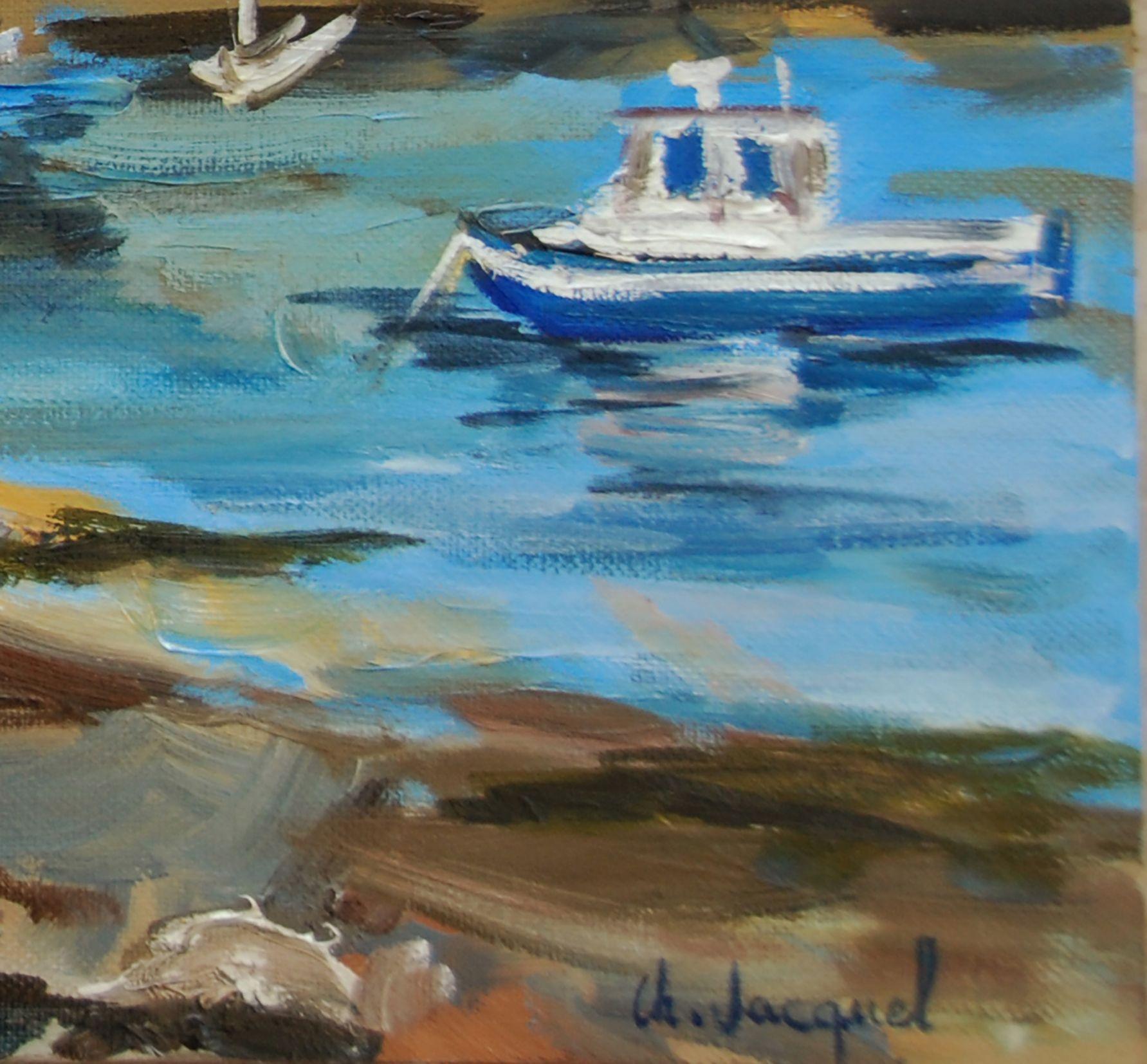 Oil painting of a small Breton harbor at low tide, Painting, Oil on Canvas For Sale 1