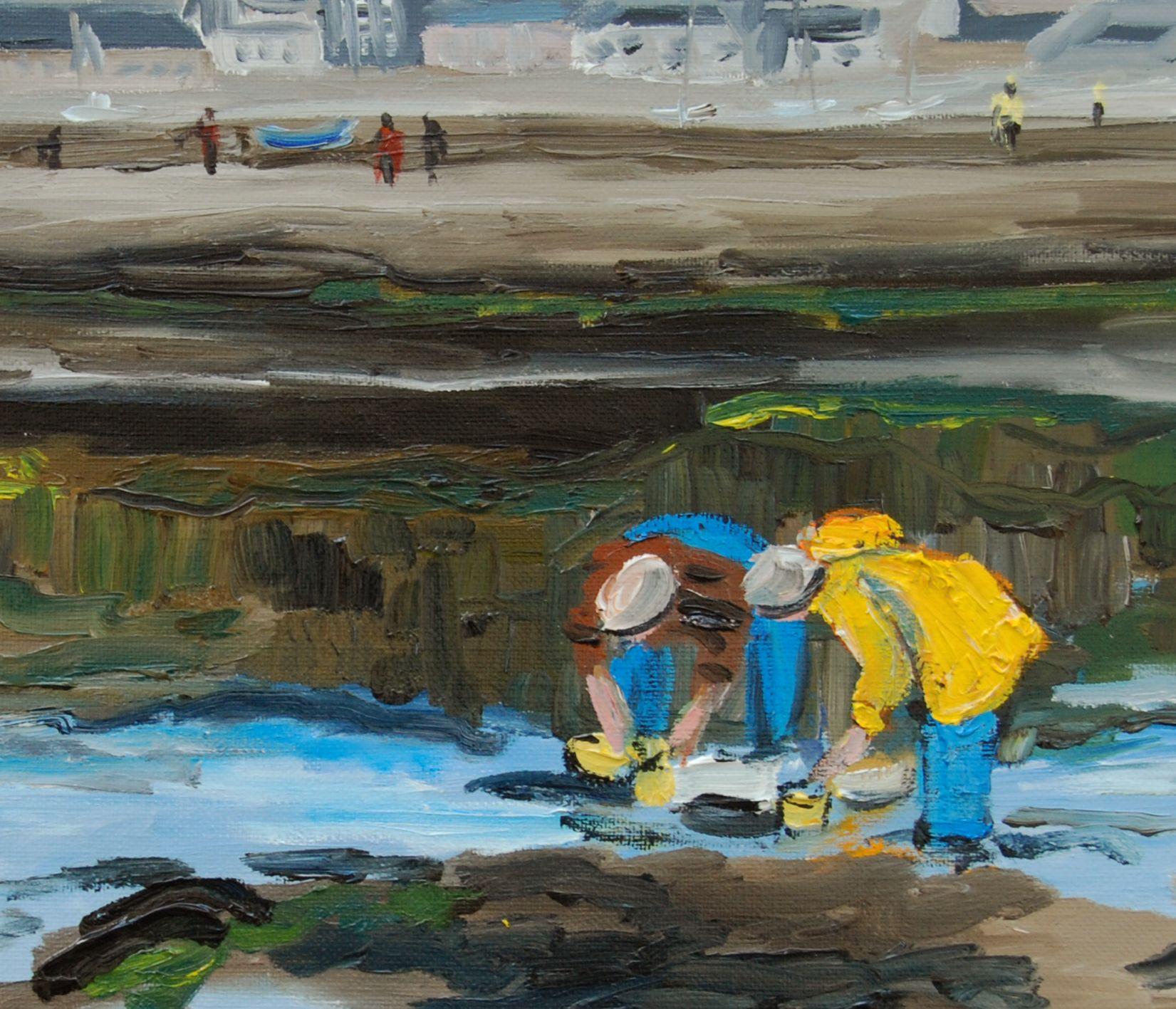 Original oil painting of a seaside landscape at low tide in France. In the foreground two fishermen pick up shrimp and in the background you can see Breton houses. :: Painting :: Contemporary :: This piece comes with an official certificate of