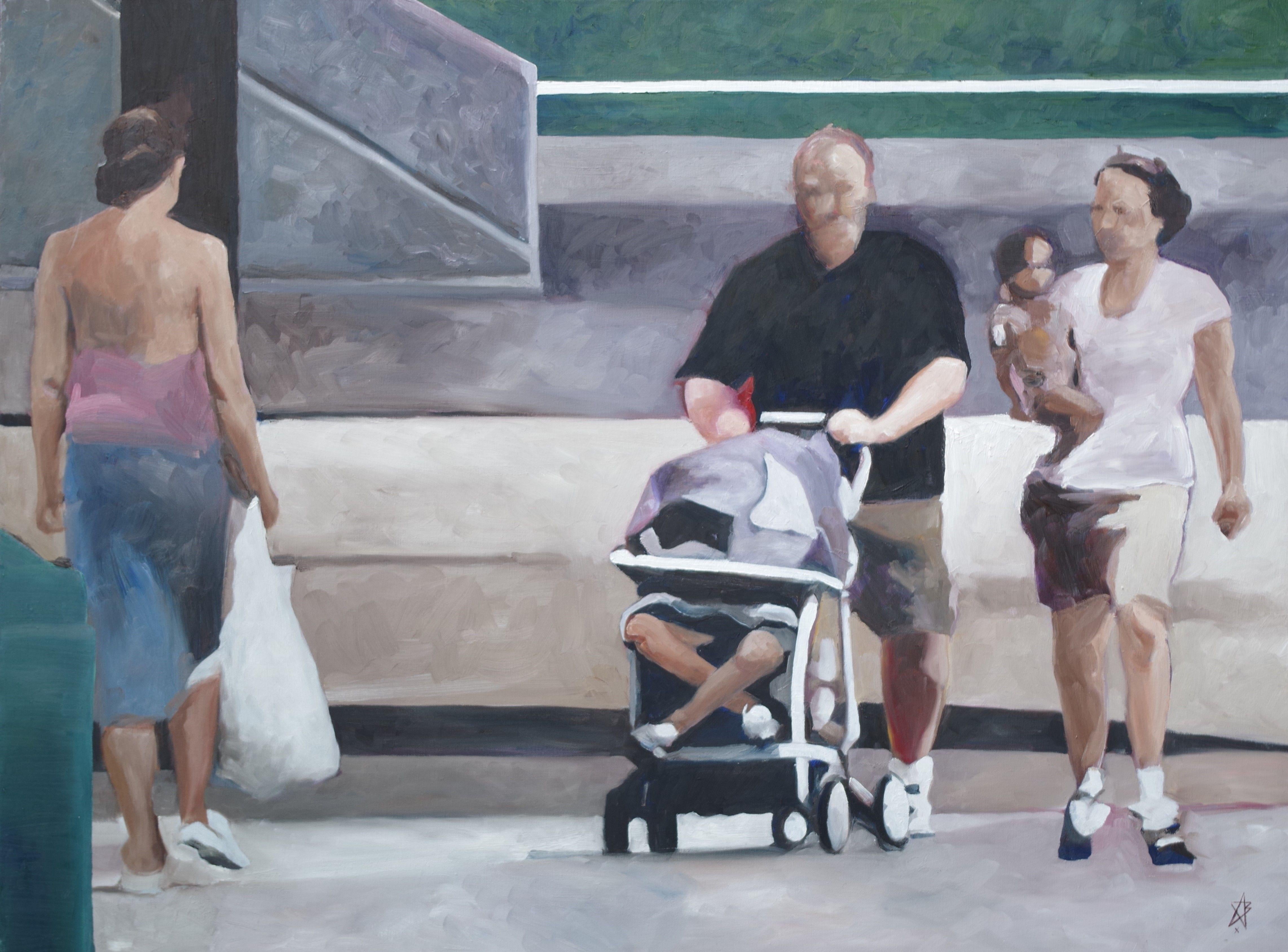 Balance of figures and background. Looks like the bigger kid got the pram. Oil on cotton canvas stretched over double wide pine boards. Can be hung as is or framed by the buyer. :: Painting :: Contemporary :: This piece comes with an official