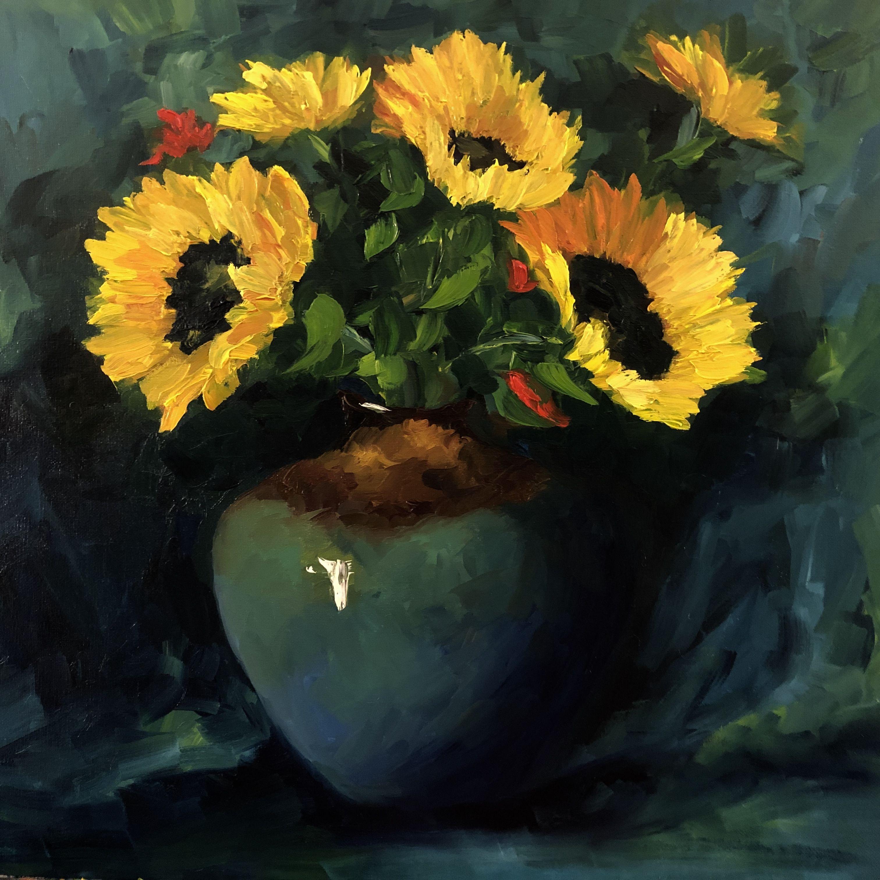 Sunflowers will bring cheer and brighten any room...   :: Painting :: Impressionist :: This piece comes with an official certificate of authenticity signed by the artist :: Ready to Hang: No :: Signed: No ::  :: Canvas :: Diagonal :: Original ::