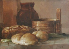 Still life with bread - XXI century, Oil figurative painting, Brown tones
