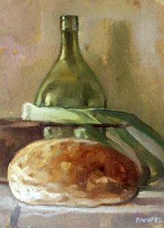 Still life with bread, leek and a green bottle - XXI century