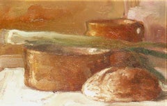 Still life with a leek - XXI century, Oil figurative painting, Brown tones