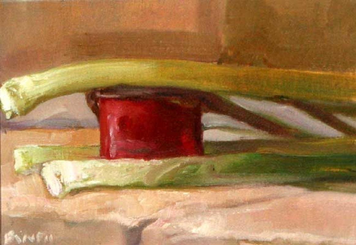 Józef Panfil Still-Life Painting - Still life with leeks and a red pot - XXI century, Oil figurative painting
