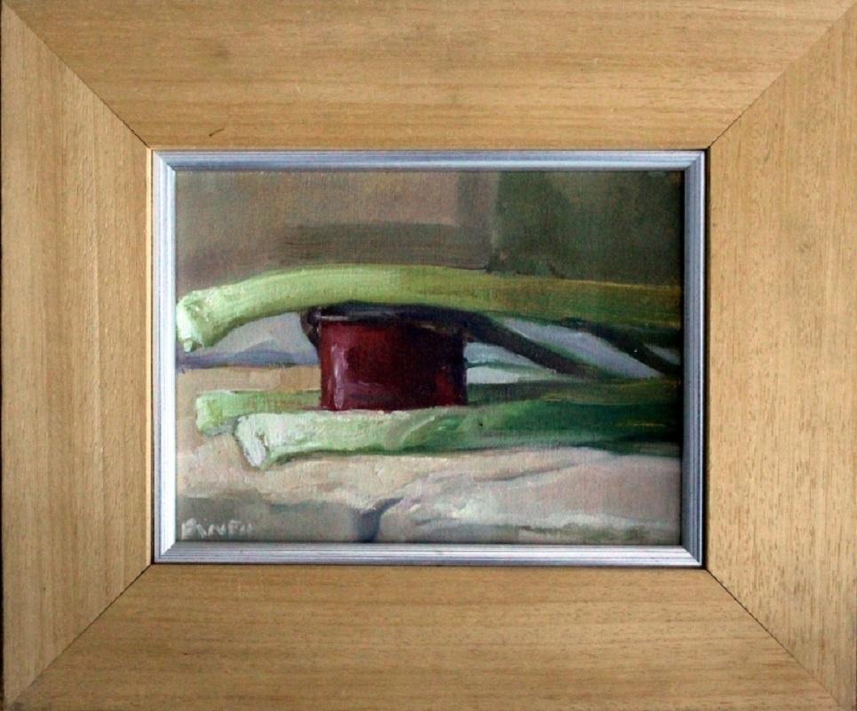 Still life with leeks and a red pot - XXI century, Oil figurative painting - Painting by Józef Panfil