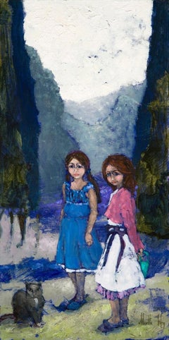 Sisters with a cat - XXI century, Oil figurative painting, Colourful, Landscape