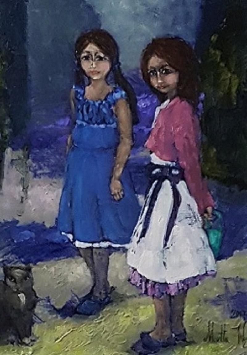 Sisters with a cat - XXI century, Oil figurative painting, Colourful, Landscape (Sonstige Kunststile), Painting, von Martta Węg