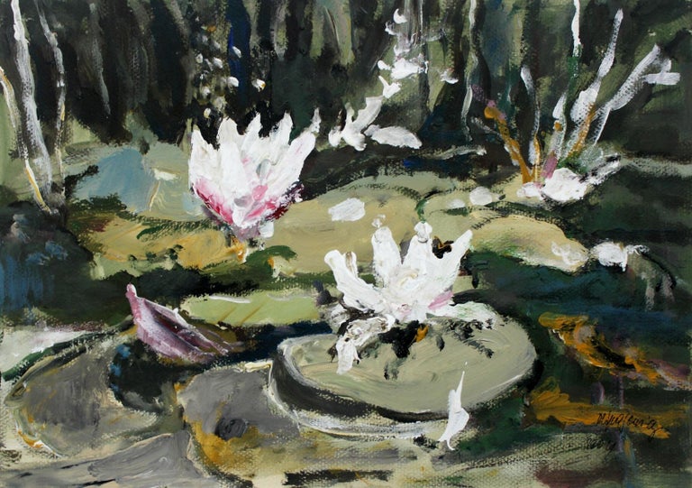 Waterlilies - XXI century, Oil painting, Figurative, Grey tones 1