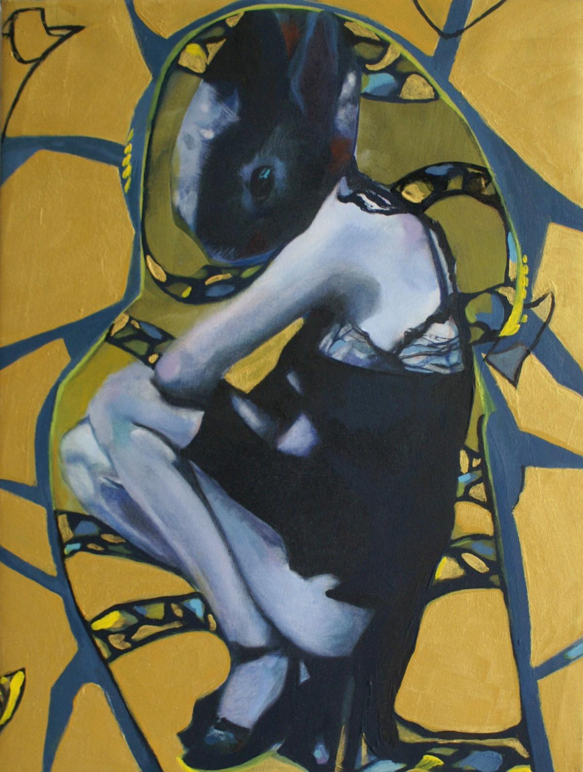 Nathalie Pirotte Figurative Painting - Golden rabbit - XXI century, Oil figurative painting, Bright colours