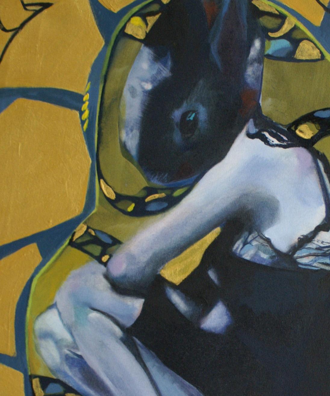 Golden rabbit - XXI century, Oil figurative painting, Bright colours - Painting by Nathalie Pirotte