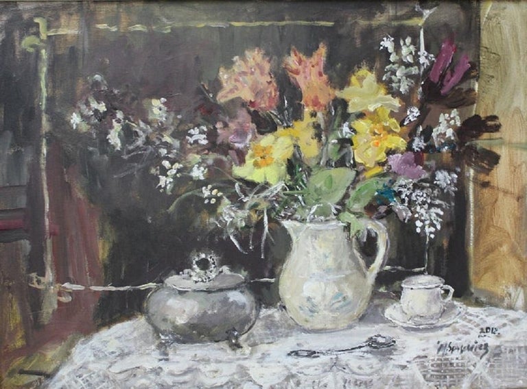 Still life with a sugar bowl - XXI century, Oil painting, Figurative, Grey tones 1