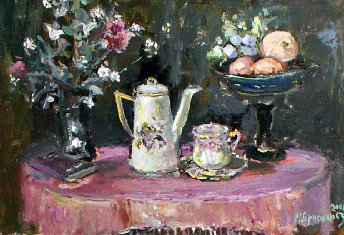 Magdalena Spasowicz Still-Life Painting – Still life with a teapot - XXI century, Oil painting, Figurative, Grey tones