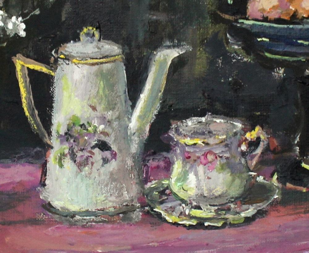 Still life with a teapot - XXI century, Oil painting, Figurative, Grey tones – Painting von Magdalena Spasowicz