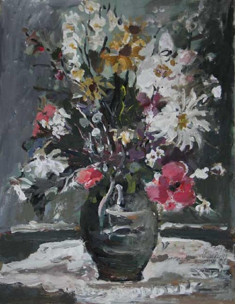 Magdalena Spasowicz Figurative Painting - Flowers. Floral, Muted, Oil painting, Figurative, Grey tones, Still life, Polish