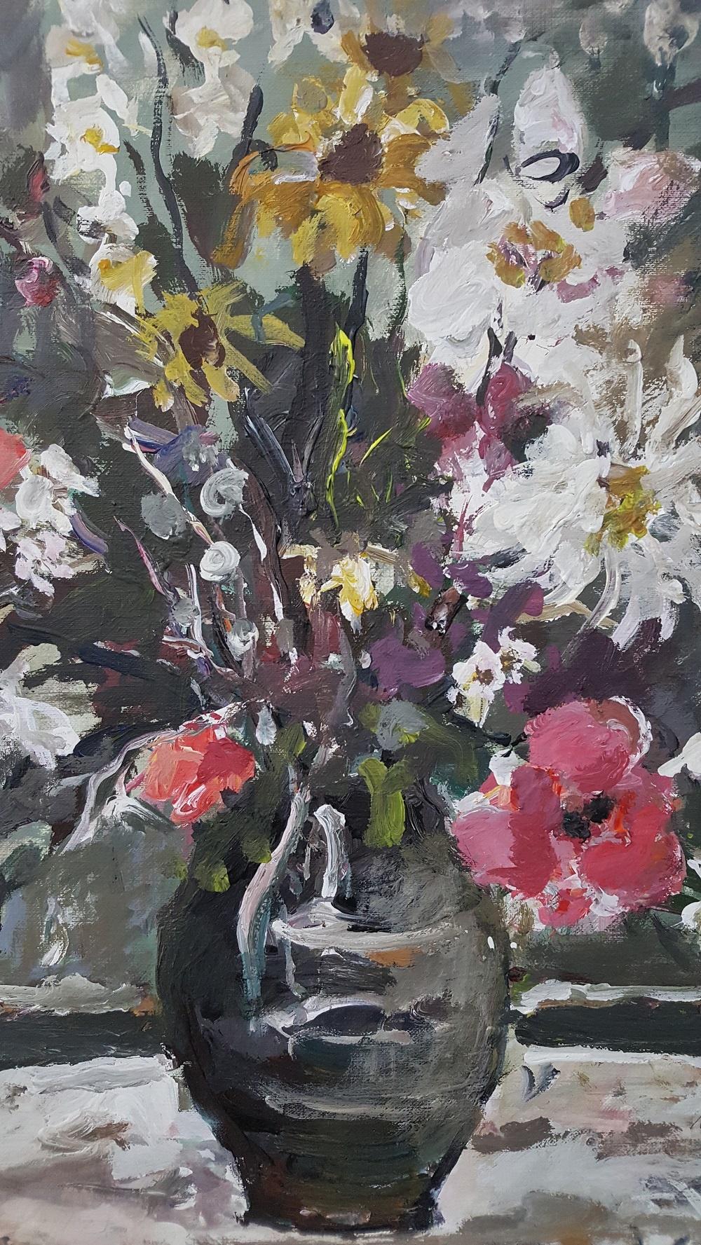 Flowers. Floral, Muted, Oil painting, Figurative, Grey tones, Still life, Polish - Painting by Magdalena Spasowicz