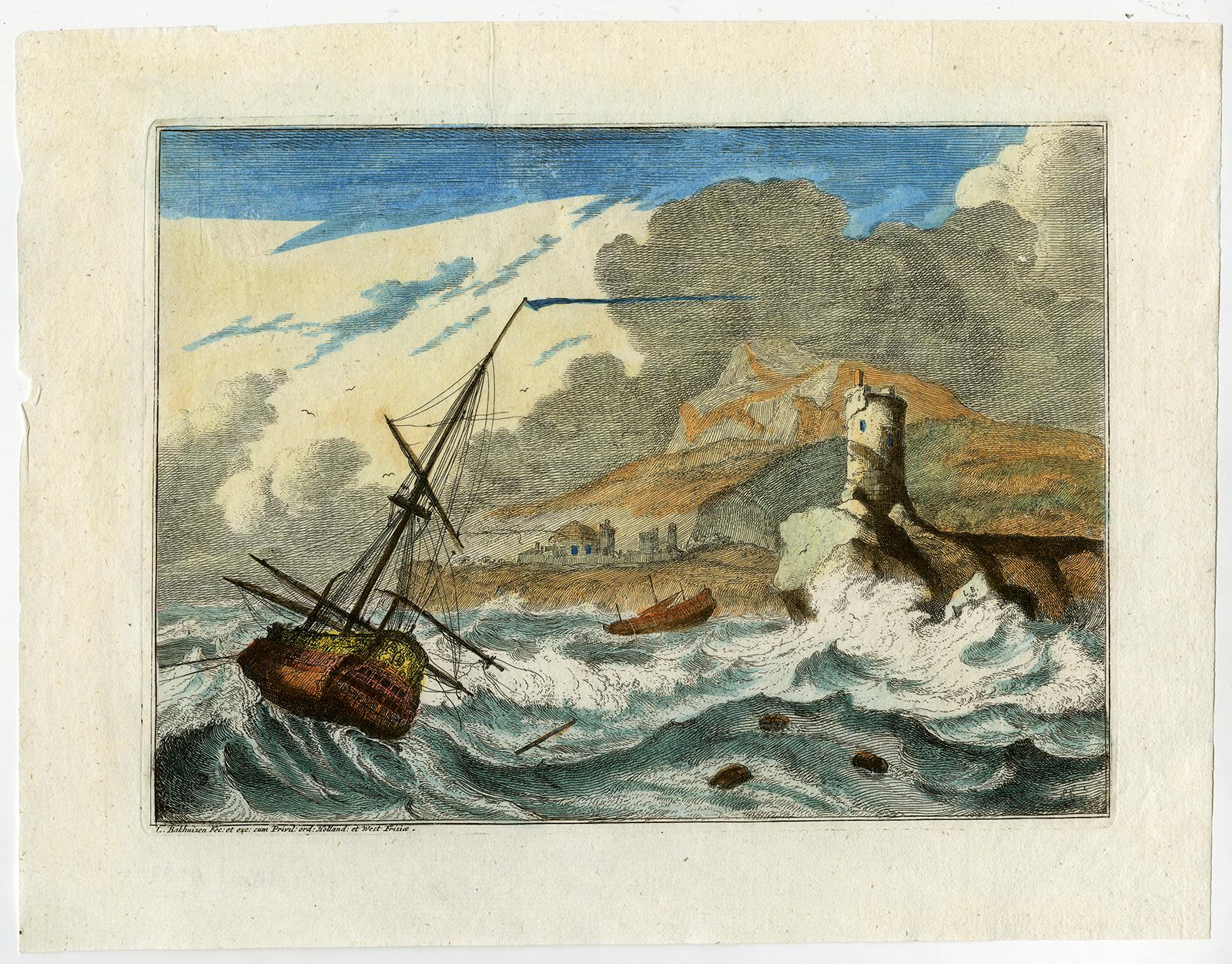 Ludolf Bakhuisen Animal Print - A ship in a storm by Ludolf Bakhuizen - Handcoloured engraving - 18th Century