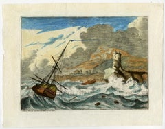 Antique A ship in a storm by Ludolf Bakhuizen - Handcoloured engraving - 18th Century
