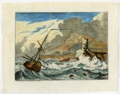 A ship in a storm by Ludolf Bakhuizen - Handcoloured engraving - 18th Century