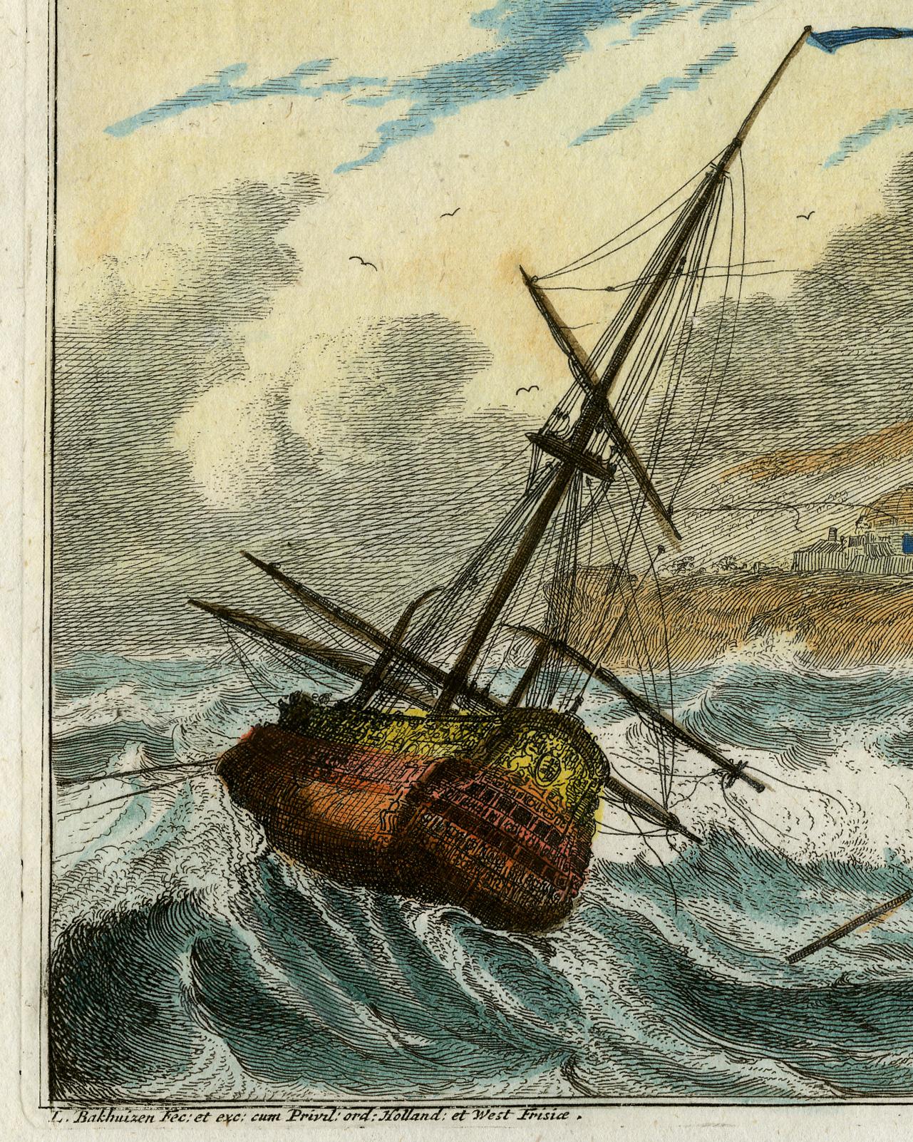 A ship in a storm by Ludolf Bakhuizen - Handcoloured engraving - 18th Century - Print by Ludolf Bakhuisen