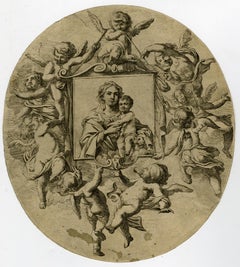 Mary with child, surrounded by angels by Cornelis Schut - Etching - 17th Century