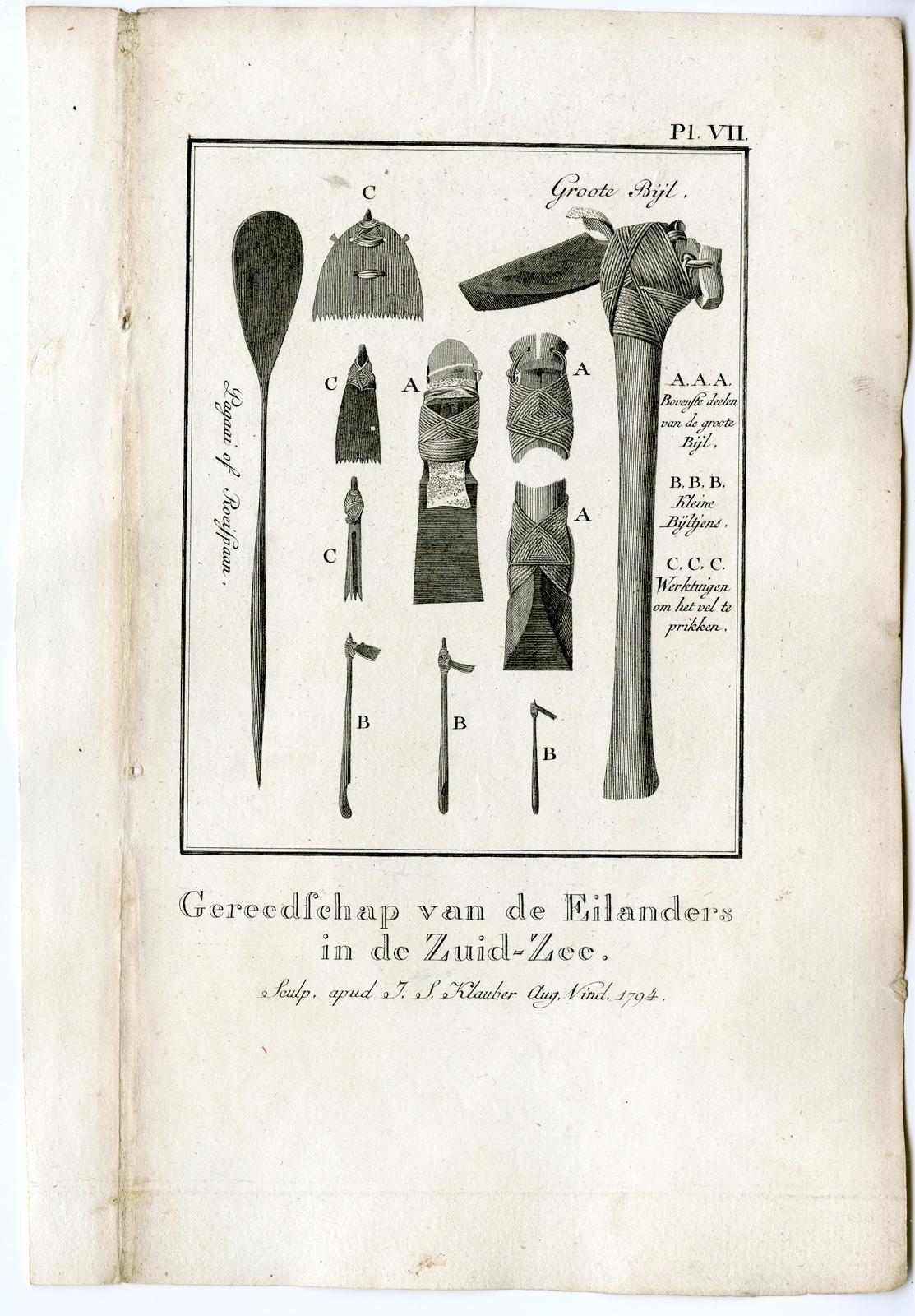 Subject: Antique print, titled: 'Pl. VII. Gereedschap van de Eilanders in de Zuid-Zee' - (Tools of the inhabitants of the South-Sea Islands.) From the archipelago of the Society Islands in the central Southern Pacific Ocean, French Polynesia. 
 
