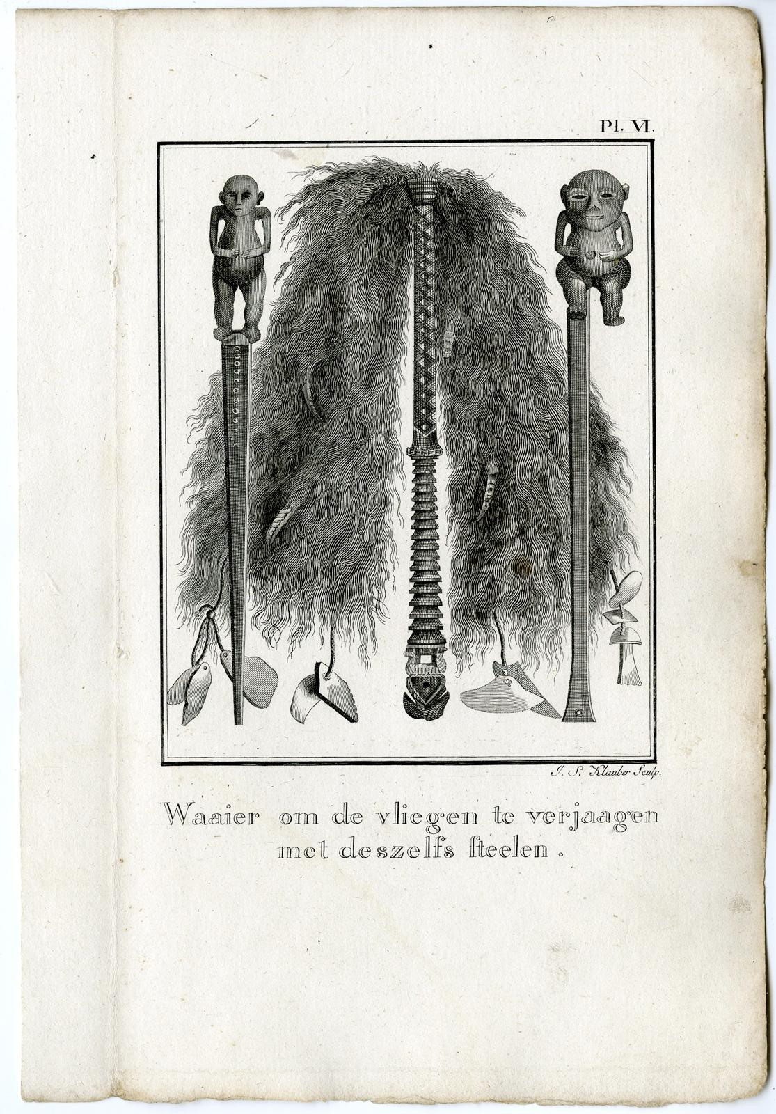 Subject: Antique print, titled: 'Pl. VI. Waaier om de vliegen te verjaagen met deszelfs steelen' - (Fan to chase off flies and the handles thereof.) From Tahiti, an island in the archipelago of the Society Islands in the central Southern Pacific