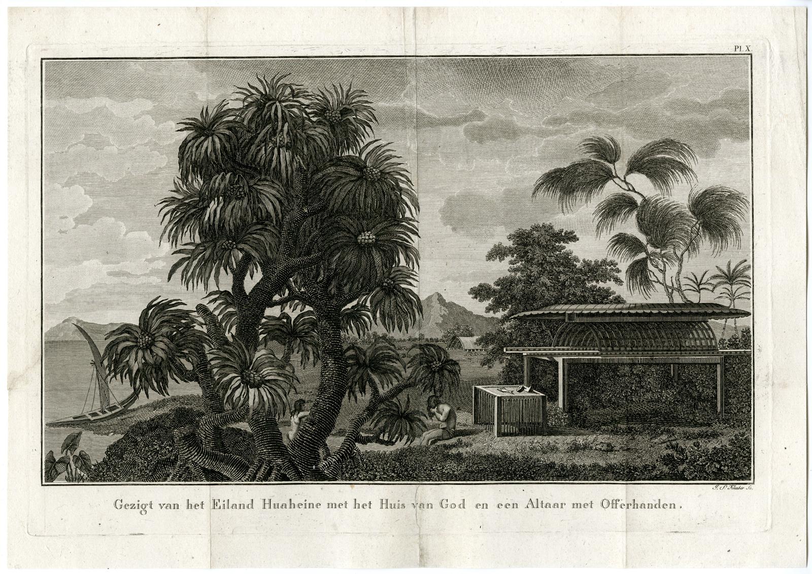 Subject: Antique print, titled: 'Pl. X. Gezigt van het Eiland Huaheine met het Huis van God en een Altaar met Offerhanden' - (View of the Island Huaheine with a Houde of God, and an altar with gifts.) From the archipelago of the Society Islands in