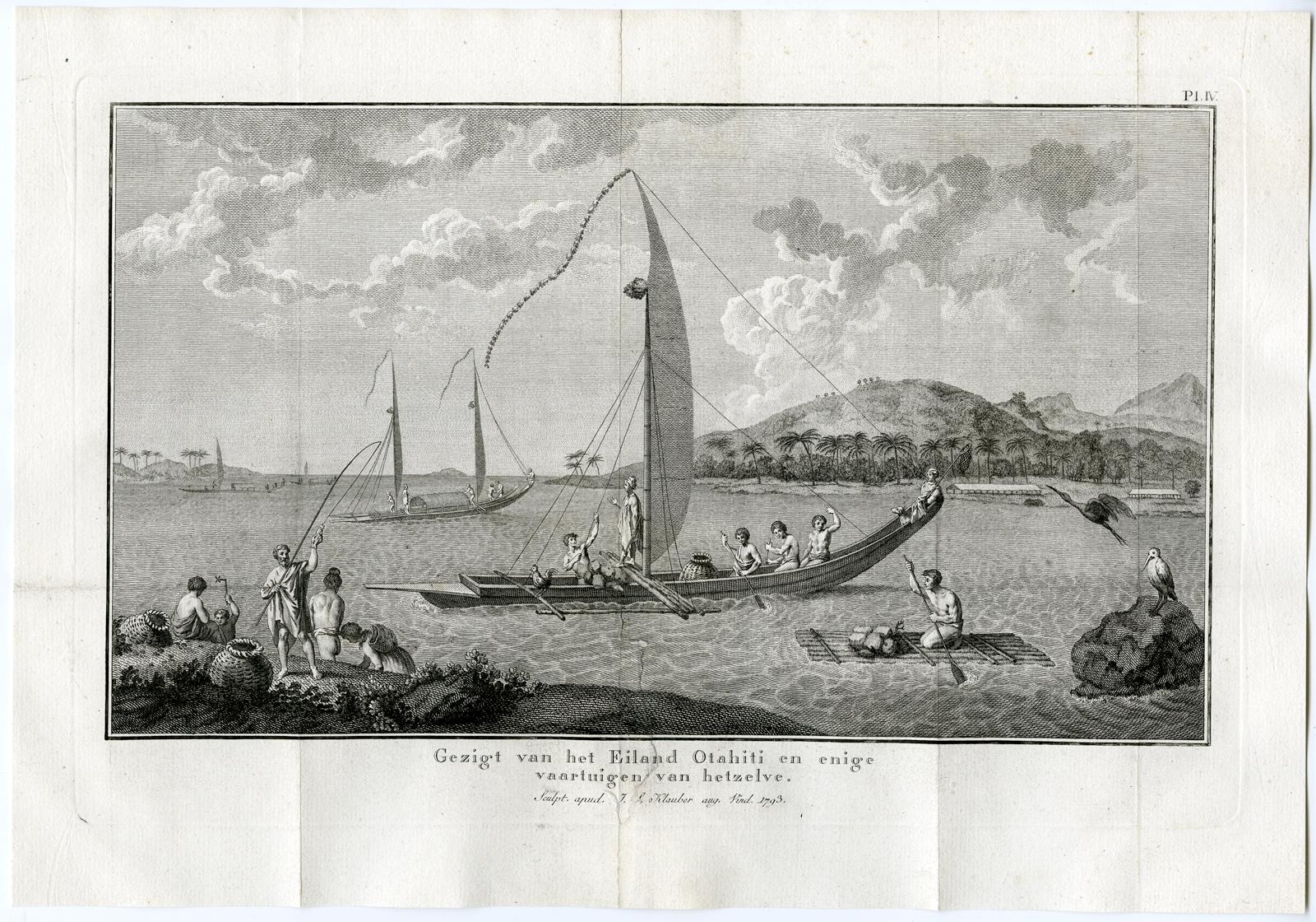 Subject: Antique print, titled: 'Pl. IV. Gezigt van het Eiland Otahiti en enige vaartuigen van hetzelve' - (View of the Island Tahiti and some vessels thereof.) An island in the archipelago of the Society Islands in the central Southern Pacific