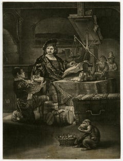 A merchant weighing gold by Jan van der Bruggen - Mezzotint - 17th Century