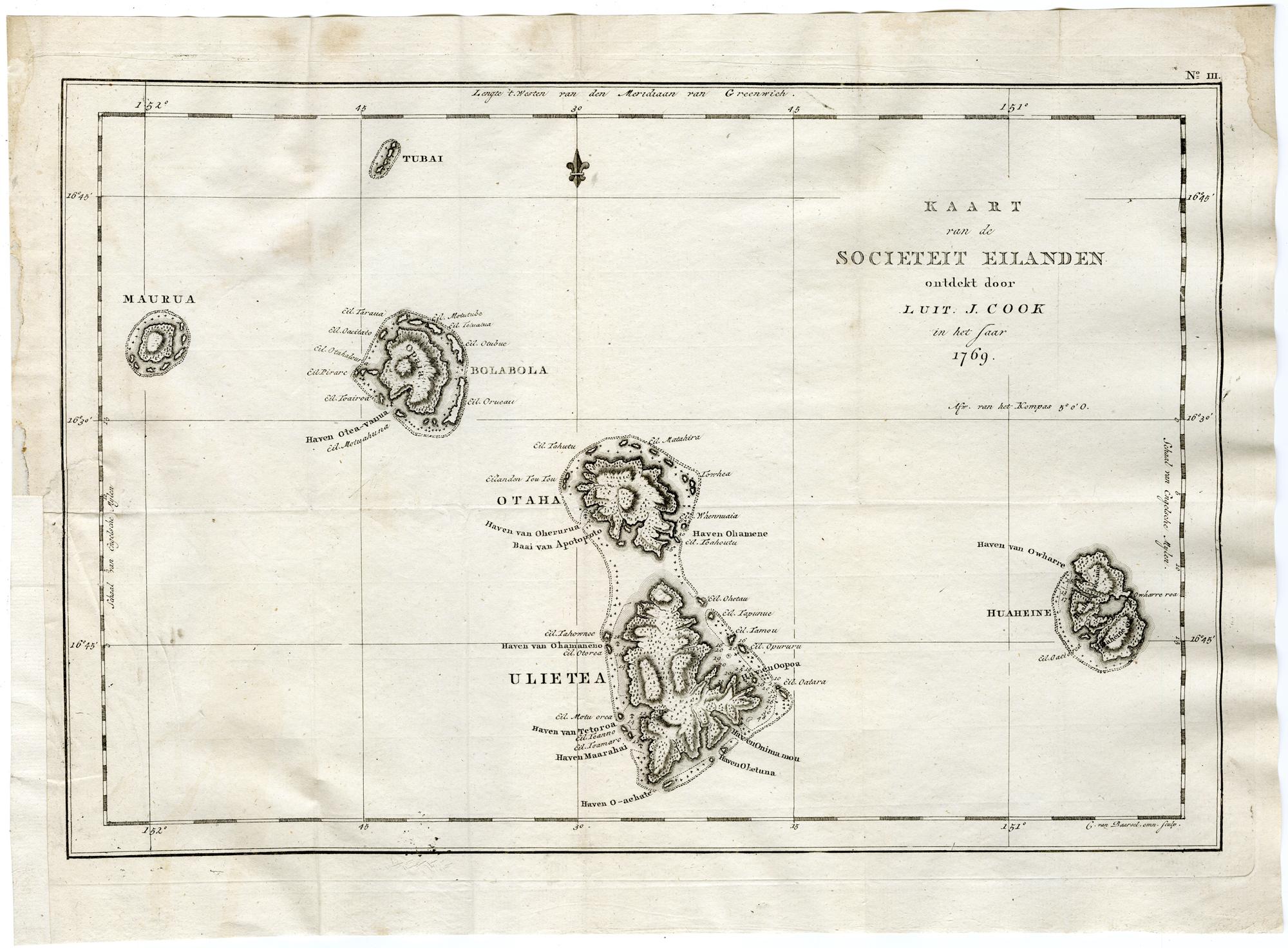 Subject: Antique print, titled: 'No. III. Kaart van de Societeit Eilanden ontdekt door Luit J. Cook in het jaar 1769' - (Map of the Society Islands discovered by Luitenant J. Cook in 1769.) Cook's first voyage. Map dated 1794.
 
 Description: From a