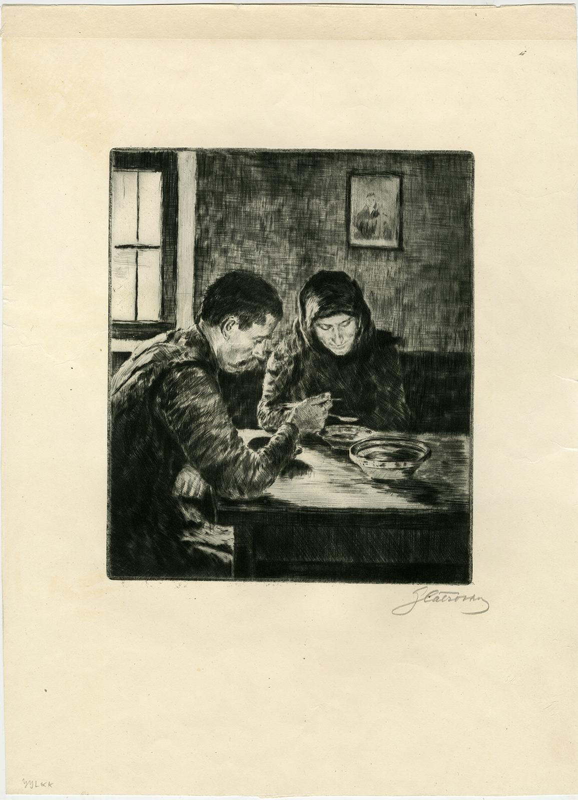 Subject: Antique Master Print, untitled. A man and woman at breakfast. Very good impression by this Hungarian artist. Signed in pencil.
 
 Description: Source unknown, to be determined.
 
 Artists and Engravers: Made by 'Oszkar Glatz' after own