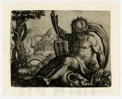 A rivergod in a landscape by Giovanni Andrea Maglioli - Engraving - 17th Century