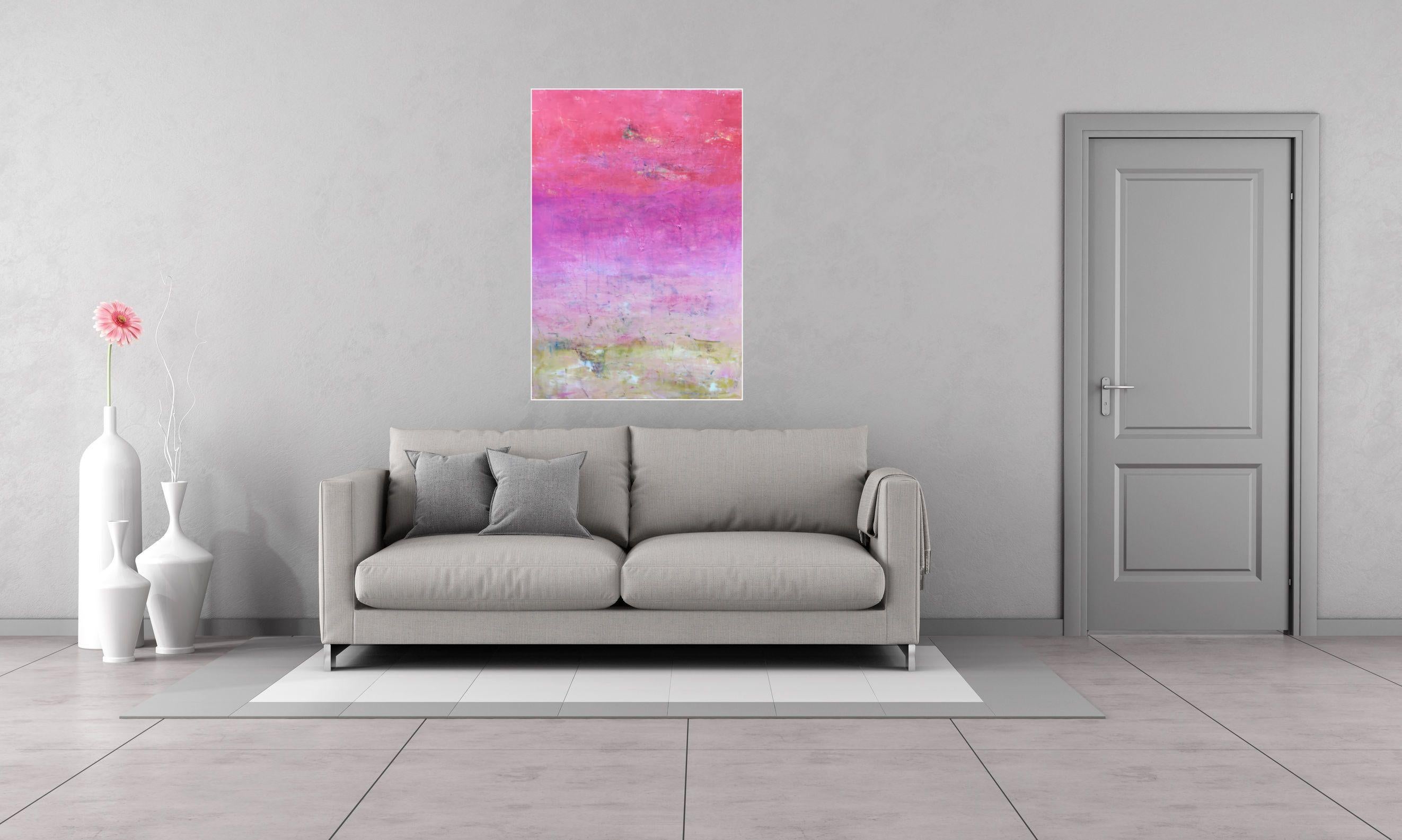 An abstract landscape painting inspired by watching the sun set from my living room window. Oil paint has been applied, taken off and re-applied in many layers to slowly build the painting and add depth to it. Vibrant rose, pink, yellow and white
