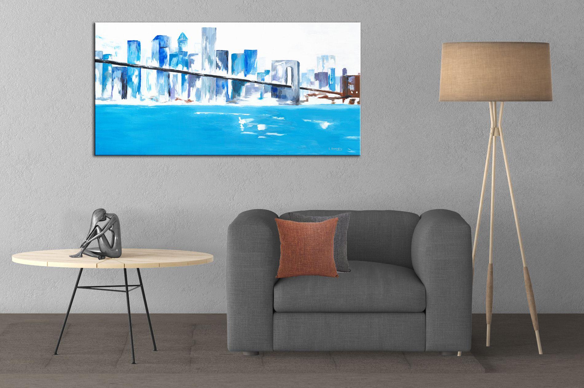 A water view cityscape of Manhattan skyline in New York on a blue summer day sleek and contemporary. A fresh look at NY, welcoming you with an eye-catching experience. Having won an award from Light Space and Time 