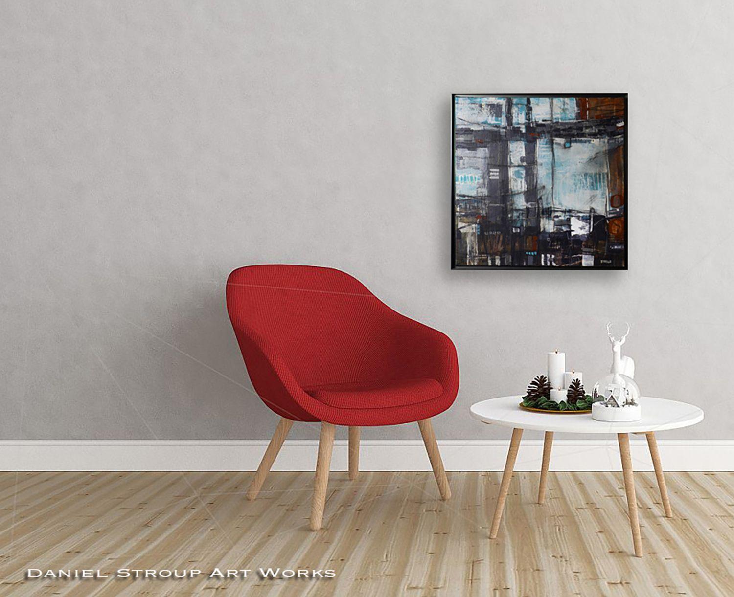 Dystopian City of the future and a shout out to the Rolling Stones. This modern abstract impressionist work is highly textured and will match any decor in office, den, or entryway. Blacks, whites, and grey with just a splash of color.    This