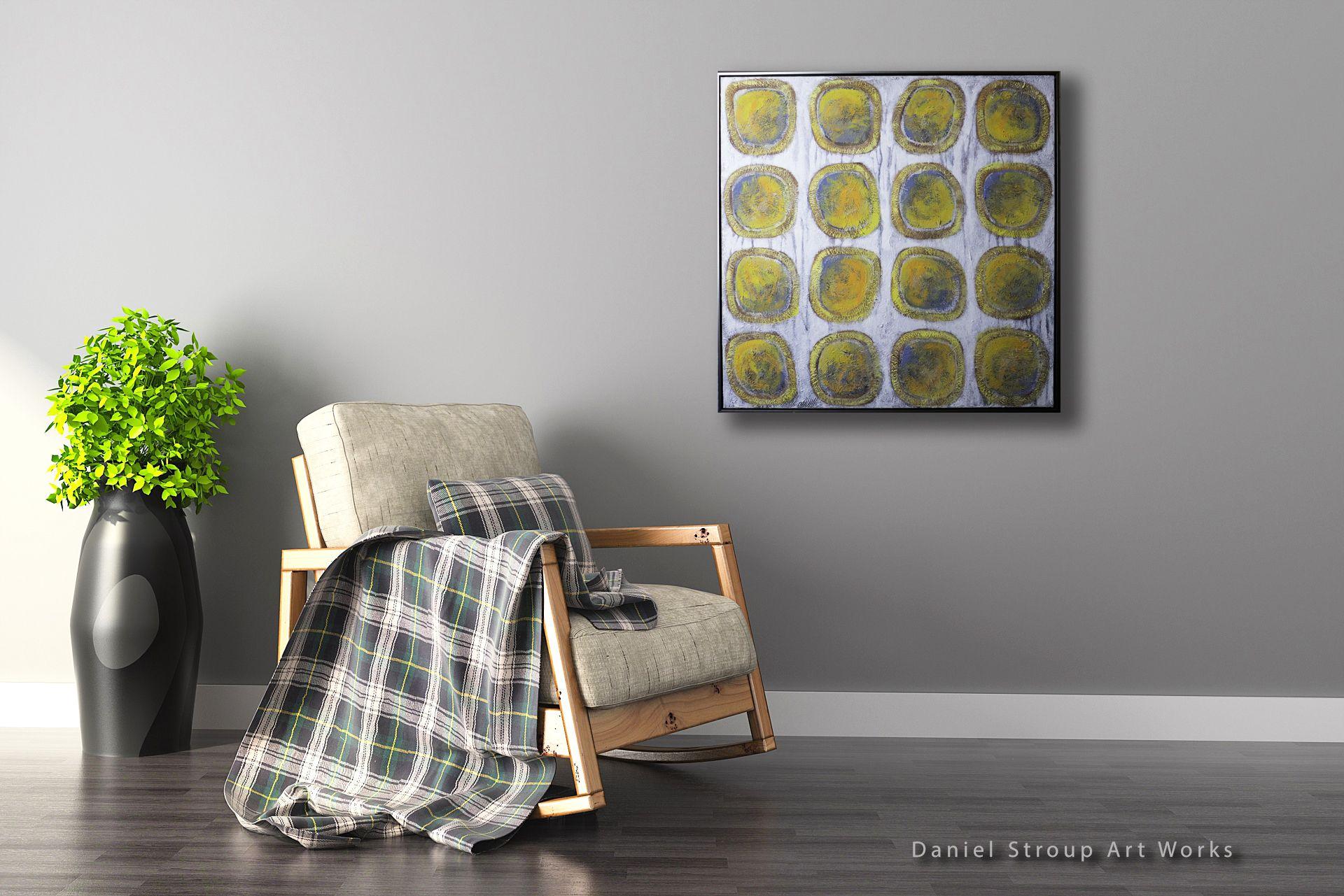 This modern piece will bring some pop to your space. Lots of texture, organic paint movement, brush work, and juicy flavor. This painting comes with a stylish metal floating frame. The frame is gunmetal grey w/silver face, looks sleek and modern,
