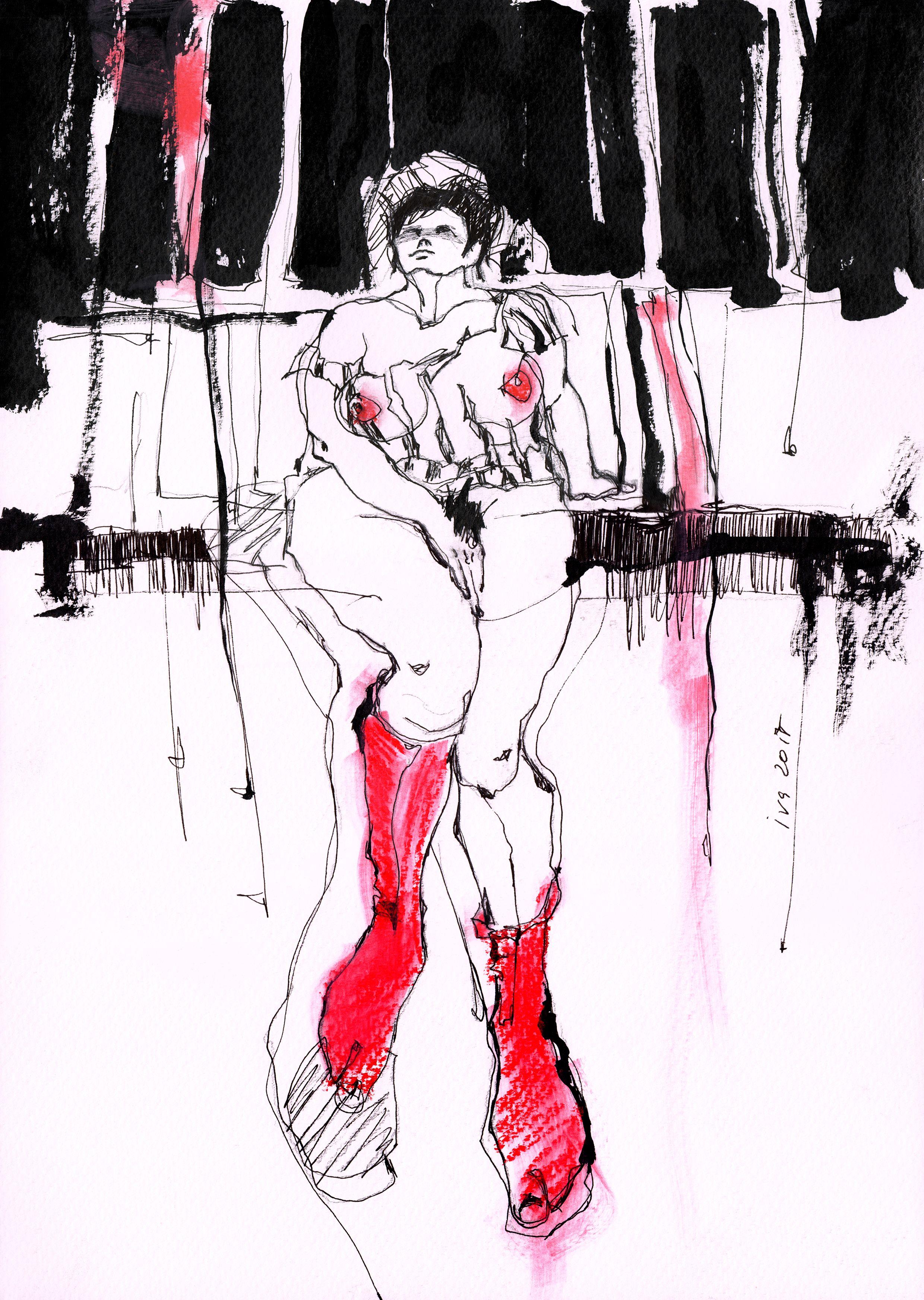 Nude in Red Stockings, Drawing, Pen & Ink on Paper - Art by Tatiana Ivchenkova