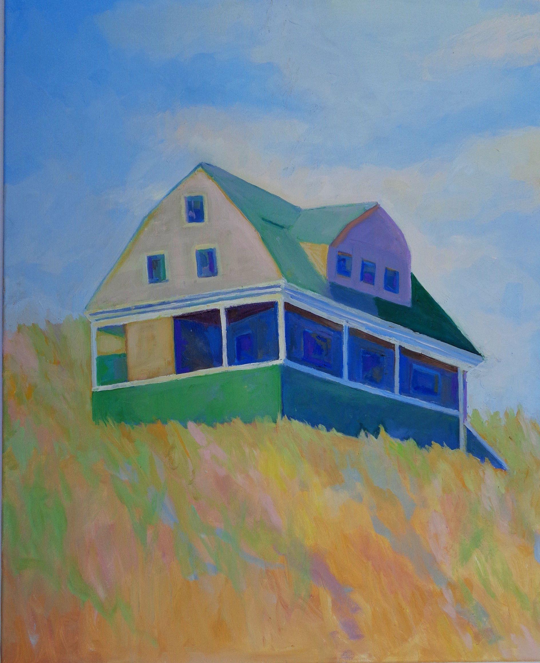 When you think of Maine and old summer homes, this is the image. High on a bluff, overlooking the Atlantic, tall golden grasses, wide porches, serene and quiet and lived in for generations.    I built the painting around Maine's colors of August: